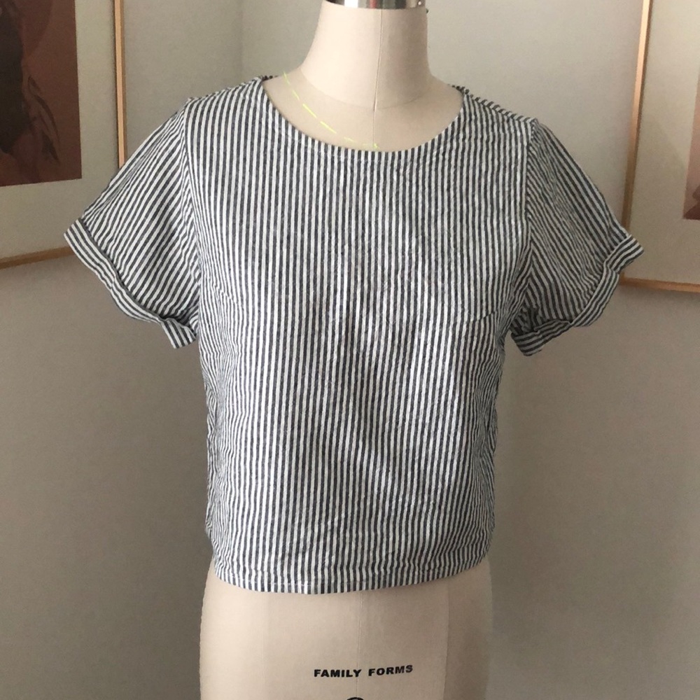 Sweet Striped Cotton/Linen Short Sleeve Woven Top